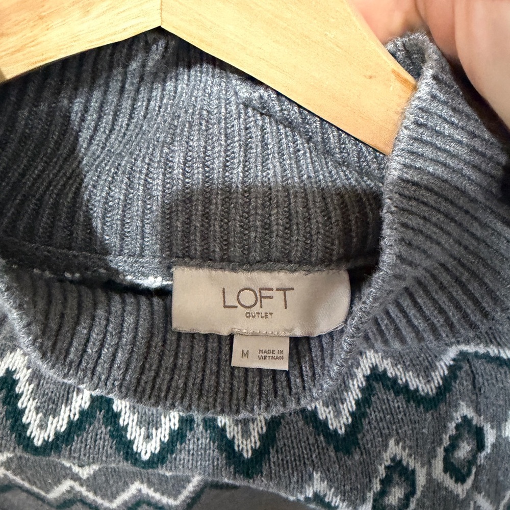 LOFT Grey Sweater with Green and White Fair Isle Yoke - Picture 2 of 3